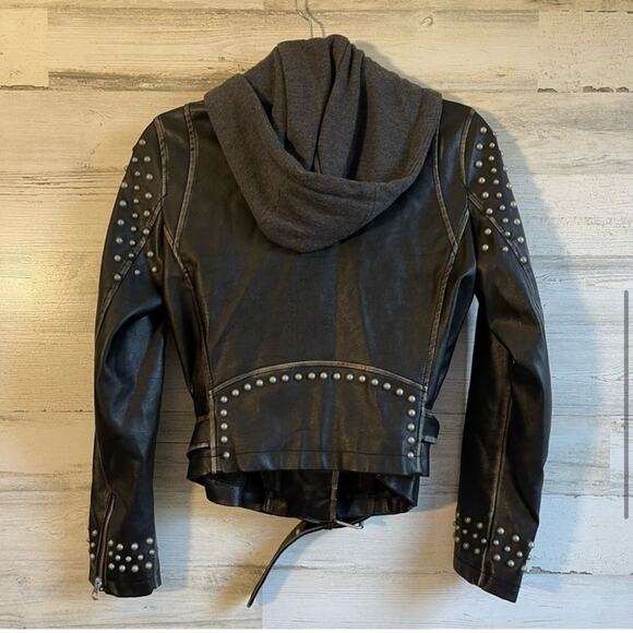 Zara Moto Distressed Faux Leather Studded Jacket with Sweatshirt Hood XS Black - Picture 5 of 16